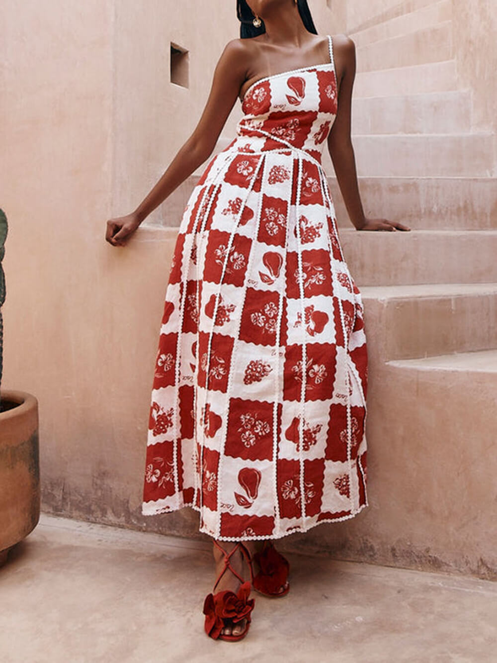 Unique Printed Floral Trim One Shoulder Flared Maxi Dress