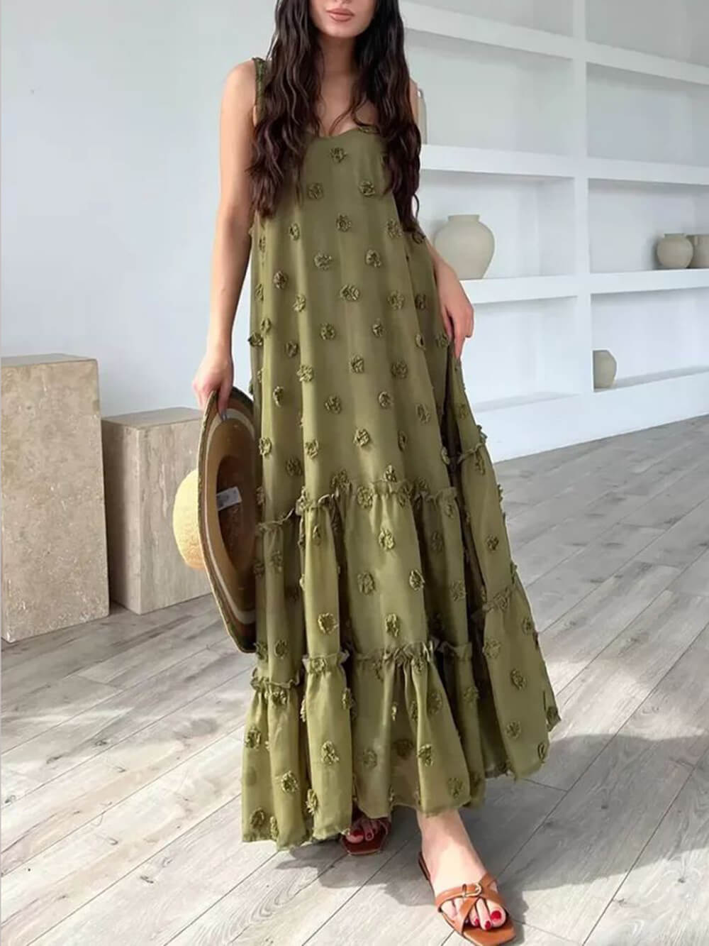 Flower Decor Pretty A-Line Layered Loose Maxi Dress